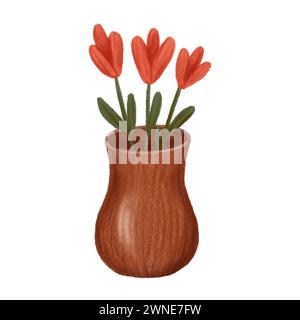 Blühende Blumen in Vasen isoliert auf weißem Hintergrund. Zeichentrickdarstellung. Für Aufkleber, Druck, Postkarte Stockfoto