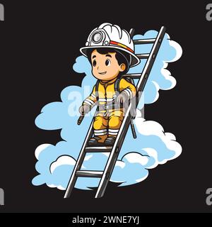 Feuerwehrmann auf Leiter. Vektor-Illustration eines Feuerwehrmannes auf einem Hintergrund aus Wolken. Stock Vektor