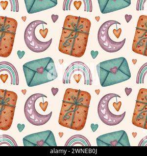 Nahtloses Muster mit Geschenken und Herzen. Papierstruktur für Geschenkverpackungen zum Valentinstag Stockfoto