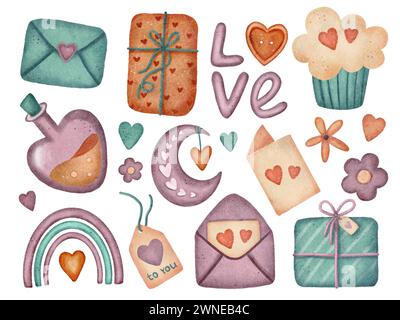 Valentinstag Sticker Kollektion. Einrichtung für Valentinskarten, Briefe und Paketdesign Stockfoto