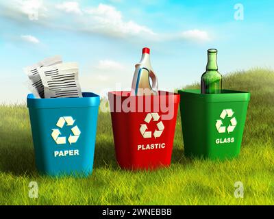 Farbige Mülleimer zum Recycling von Papier, Kunststoff und Glas. Digitale Illustration. Stockfoto