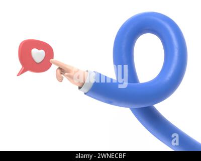 Cartoon Gesture Symbol Mockup.3D Handfinger drückt auf die Schaltfläche „gefällt mir“. Marketing-Konzept für soziale Medien. Symbol „Benachrichtigung wie“. App für soziale Netzwerke. 3D ren Stockfoto