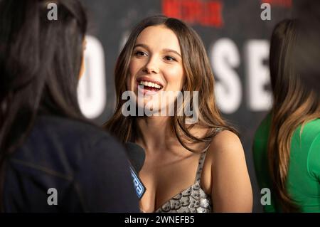 Millie Bobby Brown bei der Premiere des Netflix-Films Damsel im Paris Theater. New York, 01.03.2024 *** Millie Bobby Brown bei der Premiere des Netflix-Films Damsel im Paris Theater New York, 01 03 2024 Foto:XB.xHinex/xFuturexImagex Damsel 4315 Stockfoto