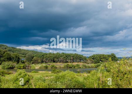 Grünes Flusstal unter kumuluswolken in niedriger Höhe in Südkorea Stockfoto