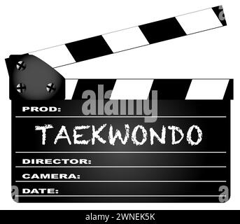 Eine typische Filmklappertafel mit der Legende Taekwondo isoliert auf weiß. Stockfoto