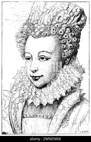 Margarete von Valois, auch Gen. la reine Margot (1553–1615), Königin von Frankreich und Navarra und Herzogin von Valois, nach einem Rotkreideporträt in der Pariser Nationalbibliothek, E. Ronjati (Literaturhistorisches Buch, 1895), Margarete von Valois, auch gen. la reine Margot (1553–1615), Königin von Frankreich und Navarra sowie Herzogin von Valois, nach einem Rötelporträt in der Pariser Nationalbibliothek, Marguerite de Valois, aussi appelée la reine Margot (1553–1615), reine de France et de Navarre et duchesse de Valois, d’après un Portrait en rouge à la Bibliothèque nationale de Paris Stockfoto