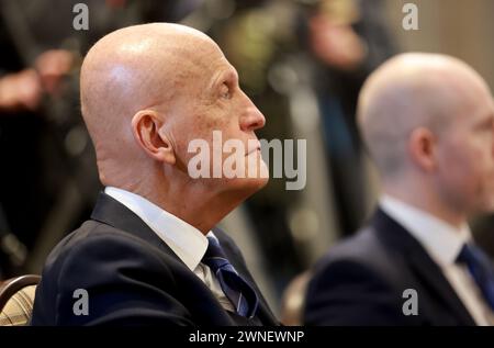 Ehemaliger italienischer Fußballschiedsrichter Pierluigi Collina während einer Pressekonferenz im Cameron House, Loch Lomond. Bilddatum: Samstag, 2. März 2024. Stockfoto