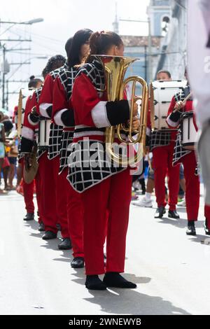 Salvador, Bahia, Brasilien - 2. Juli 2015: Schüler öffentlicher Schulen werden während der Parade zum Unabhängigkeitstag in Bahia in der Stadt beim Spielen von Musikinstrumenten gesehen Stockfoto