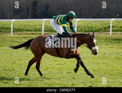 Bucephalus fuhr von Thomosina Eyston auf dem Weg zum Download the BetVictor App Novices' Handicap Hürde auf der Newbury Racecourse, Berkshire. Bilddatum: Samstag, 2. März 2024. Stockfoto