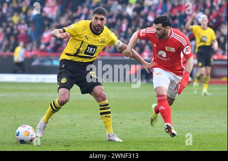 Berlin, Deutschland. März 2024. 2. März 2024: Emre Can (23) von Borussia Dortmund und Kevin Volland (10) vom 1. FC Union Berlin während des Spiels Bundesliga-1. FC Union Berlin gegen Borussia Dortmund - an der Alten Foersterei. Berlin, Deutschland. (Ryan Sleiman /SPP) Credit: SPP Sport Press Photo. /Alamy Live News Stockfoto