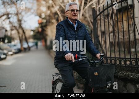 Ein älterer Herr fährt anmutig mit dem Fahrrad auf einer städtischen Straße und zeigt Fitness und Vitalität in der Ruhe eines Stadttages. Stockfoto