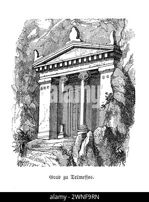 Telmessos, Felsengrab, Lykische Grabstätte von Amyntas, Fethiye, Türkei, alte Lykerinnen, Grabstätte, 4. Jahrhundert v. Chr., Amyntas Sohn von Hermapias, lykische Schrift, Kalksteinklippen, griechische Tempelfassade, Ionische Säulen, hellenistische architektonische Einflüsse, lykische Zivilisation, Überzeugungen an das Jenseits, architektonischer Einfallsreichtum, altes Meisterwerk, historischer Reiz, natürliche Umgebung, klassisch griechischer Einfluss, alte Grabpraxen, historisches Denkmal, archäologische Stätte, kulturelles Erbe, lykische Kultur, griechische und lykische Fusion, Grabarchitektur, alte Inschriften Stockfoto