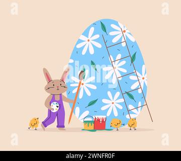 Süßes Kaninchen dekorieren Osterei mit Küken. Vektor-Illustration für Ostertag. Für Grußkarten, Poster, Banner und Aufkleber. Stock Vektor