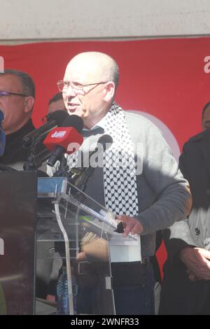 Kasbah, Tunis, Tunesien. März 2024. Der Generalsekretär der UGTT, Noureddine Taboubi, sprach während der Demonstration, die in Kasbah vor dem Regierungssitz in Anwesenheit Tausender seiner Unterstützer und Journalisten aus der lokalen und ausländischen Presse stattfand, von gewerkschaftsrechten, wirtschaftliche und soziale Rechte, solange die bürgerlichen und individuellen Rechte nicht gewährleistet sind. (Kreditbild: © Chokri Mahjoub/ZUMA Press Wire) NUR REDAKTIONELLE VERWENDUNG! Nicht für kommerzielle ZWECKE! Stockfoto