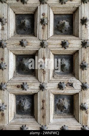 Fragment einer antiken alten Tür aus hellem, unbemaltem Holz und Metallmaterialien mit Blumenmuster, Nahaufnahme. Elemente der Architektur alter Gebäude, Stockfoto