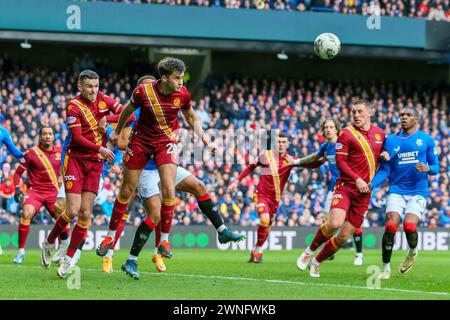 Glasgow, Großbritannien. März 2024. Rangers FC spielt Motherwell FC im Ibrox Stadium in Glasgow, Schottland, Großbritannien in einem Spiel der schottischen Premiership. Die Rangers sind derzeit 2 Punkte von ihrem nächsten Konkurrenten, Celtic, entfernt, sodass ein Sieg für sie von entscheidender Bedeutung ist, um ihre Position in der Liga zu halten. Motherwell ist der 8. Platz in der Liga. Quelle: Findlay/Alamy Live News Stockfoto