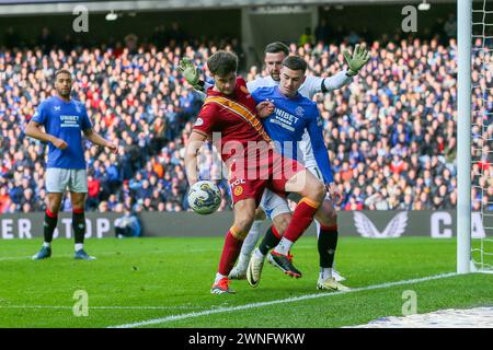 Glasgow, Großbritannien. März 2024. Rangers FC spielt Motherwell FC im Ibrox Stadium in Glasgow, Schottland, Großbritannien in einem Spiel der schottischen Premiership. Die Rangers sind derzeit 2 Punkte von ihrem nächsten Konkurrenten, Celtic, entfernt, sodass ein Sieg für sie von entscheidender Bedeutung ist, um ihre Position in der Liga zu halten. Motherwell ist der 8. Platz in der Liga. Quelle: Findlay/Alamy Live News Stockfoto