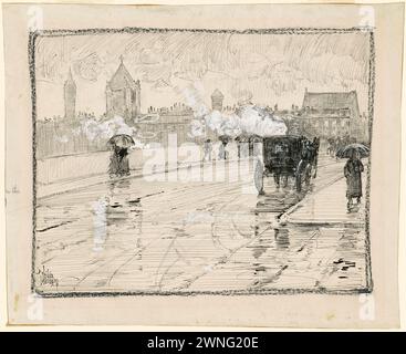 Regentag, Boston. Childe Hassam. 1886. Stift und schwarze Tinte, Kohle und Gouache. Stockfoto