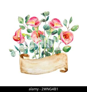 Calla-Lilien-Aquarell. Handgezeichnete Calla-Blüten und Eukalyptuszweige isoliert auf weißem Hintergrund. Designelement für Karten, Verpackungen, Umschläge, Stockfoto