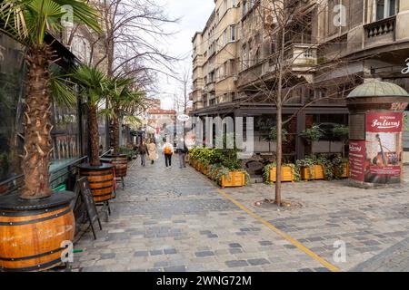 Belgrad, Serbien - 8. Februar 2024: Skadarska Street, eine berühmte Unterhaltungs- und Nachtlebenstraße im Zentrum von Belgrad, der Hauptstadt Serbiens. Stockfoto