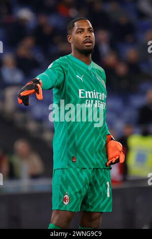 Mike Maignan von Mailand Gesten während des Fußballspiels der Serie A SS Lazio - AC Milan im Stadio Olimpico am 1. März 2024 in Rom, Italien. Stockfoto