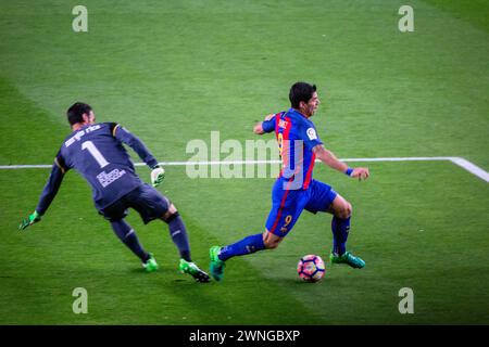 SUAREZ, BARCELONA FC, 2017: Luis Suarez beansprucht eine Strafe, die nicht gewährt wird. Barcelona FC gegen Sevilla FC in Camp Nou, Barcelona am 5. April 2017. Foto: Rob Watkins. Barca gewann das Spiel 3-0 mit drei Toren in den ersten 33 Minuten. Das Spiel wurde in einer Regenflut während eines massiven Frühlingssturms ausgetragen. Stockfoto