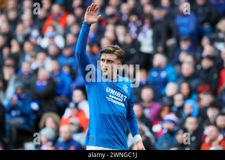 Glasgow, Großbritannien. März 2024. Rangers FC spielt Motherwell FC im Ibrox Stadium in Glasgow, Schottland, Großbritannien in einem Spiel der schottischen Premiership. Die Rangers sind derzeit 2 Punkte von ihrem nächsten Konkurrenten, Celtic, entfernt, sodass ein Sieg für sie von entscheidender Bedeutung ist, um ihre Position in der Liga zu halten. Motherwell ist der 8. Platz in der Liga. Quelle: Findlay/Alamy Live News Stockfoto