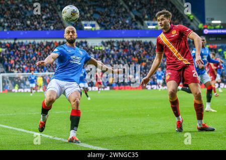 Glasgow, Großbritannien. März 2024. Rangers FC spielt Motherwell FC im Ibrox Stadium in Glasgow, Schottland, Großbritannien in einem Spiel der schottischen Premiership. Die Rangers sind derzeit 2 Punkte von ihrem nächsten Konkurrenten, Celtic, entfernt, sodass ein Sieg für sie von entscheidender Bedeutung ist, um ihre Position in der Liga zu halten. Motherwell ist der 8. Platz in der Liga. Quelle: Findlay/Alamy Live News Stockfoto