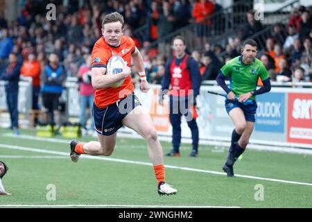 AMSTERDAM, NIEDERLANDE - 2. MÄRZ: Versuchen Sie Siem Noorman Spieler von Haagsche RC während des internationalen Rugby-Europameisterschaftsspiels zwischen den Nether Stockfoto