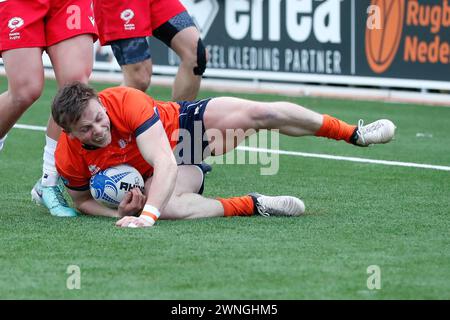 AMSTERDAM, NIEDERLANDE - 2. MÄRZ: Versuchen Sie Siem Noorman Spieler von Haagsche RC während des internationalen Rugby-Europameisterschaftsspiels zwischen den Nether Stockfoto