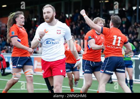 AMSTERDAM, NIEDERLANDE - 2. MÄRZ: Versuchen Sie Siem Noorman Spieler von Haagsche RC während des internationalen Rugby-Europameisterschaftsspiels zwischen den Nether Stockfoto