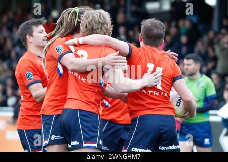 AMSTERDAM, NIEDERLANDE - 02. MÄRZ: Niederländisches Team feiert den Try Siem Noorman Spieler von Haagsche RC während der internationalen Rugby Europe Champions Stockfoto