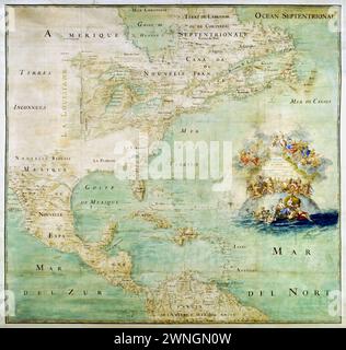 Vintage Illustrierte Karte . ": Karte des nördlichen Teils und der südlichen Teile Amerikas, von der Mündung des Saint Laurent River bis zur Insel Cayenne, mit den neuen Entdeckungen des Mississippi (oder Colbert) River." Von Claude Bernou, ca. 1681 Stockfoto