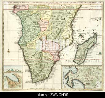 Alte historische illustrierte Karte des südlichen Afrika, vom Äquator bis zum Kap der Guten Hoffnung von Elizabeth Verseyl Visscher. (Französische Sprache) 1730 Stockfoto