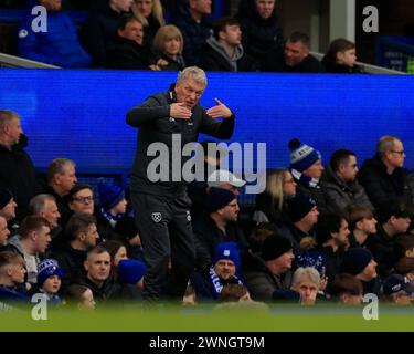 David Moyes, Manager von West Ham United, während des Premier League-Spiels Everton gegen West Ham United in Goodison Park, Liverpool, Vereinigtes Königreich, 2. März 2024 (Foto: Conor Molloy/News Images) Stockfoto