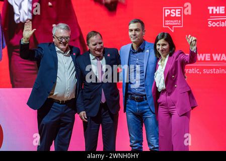 Rom, Italien. März 2024. Nicolas Schmit, Stefan Löfven, Elly Schlein und Pedro Sanchez nehmen am 2. März 2024 am Wahlkongress der Partei der Europäischen Sozialisten (SPE) in Rom (Italien) Teil. Quelle: SOPA Images Limited/Alamy Live News Stockfoto