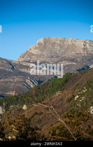 Winter in den Bergen, wunderschöne Berglandschaft. Blick auf den Bergrücken und die grünen Bäume. Budva, Montenegro. Europa. Vertikal Stockfoto