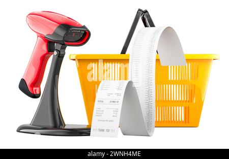 Strichcode-Lesegerät mit gedrucktem Beleg und Warenkorb. 3D-Rendering isoliert auf weißem Hintergrund Stockfoto