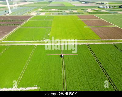Luftaufnahme einer Maschine, die chemische Zusätze auf Feldfrüchte in einem landwirtschaftlichen Feld sprüht Stockfoto