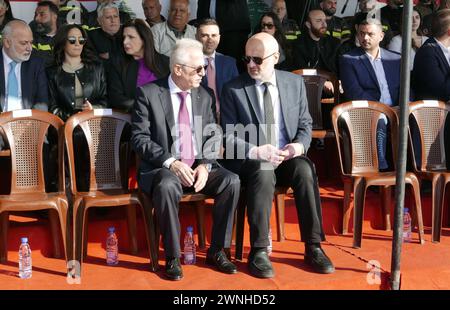 Beirut, Libanon. März 2024. General Raymond Khattar (links) und Minister für Inneres und Gemeinden Bassam Mawlawi (rechts), die am 1. März 2024 beim Internationalen Tag der Zivilverteidigung in Beirut (Libanon) gesehen wurden. (Foto: Elisa Gestri/SIPA USA) Credit: SIPA USA/Alamy Live News Stockfoto