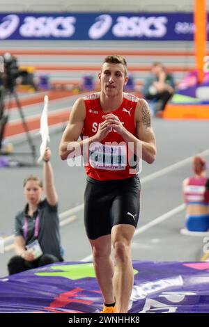 Glasgow, Großbritannien. März 2024. Emirates Arena, Glasgow, Schottland - Samstag, den 2. März: Simon EHAMMER (Schweiz - SUI) tritt am Samstag, den 2. März 2024, im Heptathlon High Jump während der Leichtathletik-Hallenweltmeisterschaft Glasgow 2024 in der Emirates Arena an (Claire Jeffrey/SPP). /Alamy Live News Stockfoto