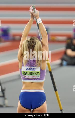 Glasgow, Großbritannien. März 2024. Emirates Arena, Glasgow, Schottland - Samstag, den 2. März: Molly CAUDERY (Großbritannien und Nordirland - GBR) tritt am Samstag, den 2. März 2024, im Pole Vault Finale während der Leichtathletik-Hallenweltmeisterschaften Glasgow 2024 in der Emirates Arena an (Claire Jeffrey/SPP). /Alamy Live News Stockfoto
