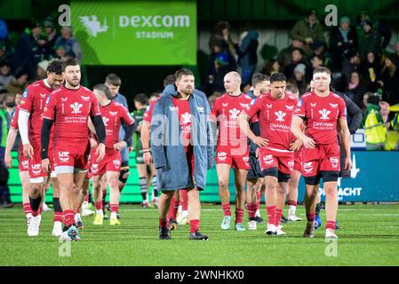 Galway, Irland. März 2024. Das Team der Scarlets wurde am Ende des 11. Runde-Spiels der BKT United Rugby Championship zwischen Connacht und Scarlets im Dexcom Stadium in Galway niedergeschlagen. Credit: Don Soules/Alamy Live News Stockfoto