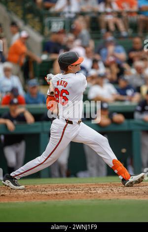 Sarasota FL USA; Baltimore Orioles dritter Baseman Coby Mayo (86), der während eines MLB-Frühjahrstrainings gegen den New York Yank zur dritten Basis aufsteigt Stockfoto