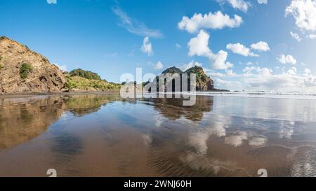 Coastal Te Henga Walkway : Bethells Beach, Neuseeland – Panoramablick vom Aussichtspunkt auf die ruhige Landschaft der Black Sand Shores und der majestätischen Green Cliffs Stockfoto