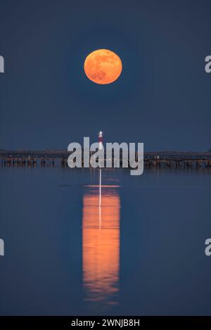 Vollmondaufgang über dem Fangar-Leuchtturm im Ebro-Delta (Tarragona, Katalonien, Spanien) ESP: Salida de la Luna llena sobre el faro del Fangar Stockfoto