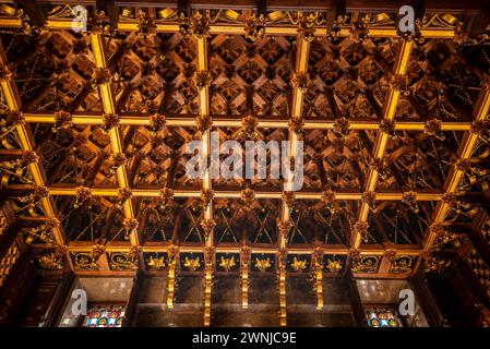 Holzdetails an der Decke des Besuchszimmers des Palau Güell, ein Werk von Antoni Gaudí (Barcelona, Katalonien, Spanien) Stockfoto