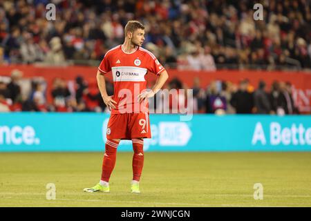 Chicago, USA, 02. März 2024. Hugo Cuypers (9) von Chicago Fire FC (MLS) blickt auf die Bank während einer Spielpause gegen den FC Cincinnati im Soldier Field in Chicago, IL, USA. Quelle: Tony Gadomski / All Sport Imaging / Alamy Live News Stockfoto