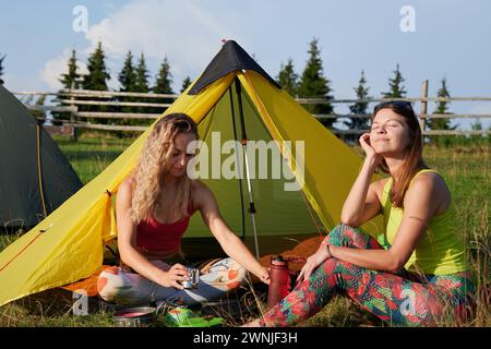 Zwei Frauen, die in den Bergen campen. Attraktive, positive Frauen beim Wandern im Sommer. Freundinnen sitzen auf Gras in der Nähe des Zeltes und haben Pause. Konzept von Tourismus und Abenteuer. Stockfoto