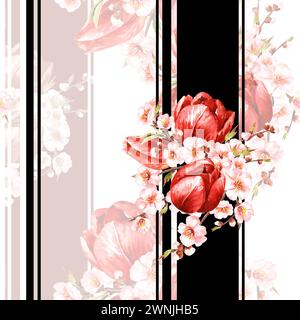 Rote Tulpen und Frühlingsblumen mit schwarzen Streifen, handgezeichnetes nahtloses Aquarellmuster Stockfoto